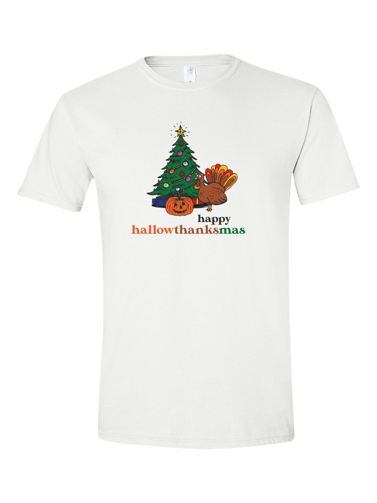 Happy Hallowthanksmas on a white t-shirt