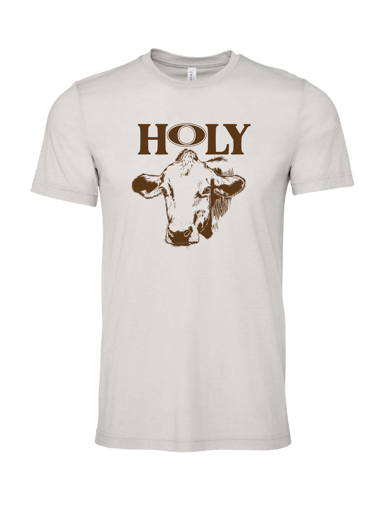 Holy Cow on a cement gray t-shirt