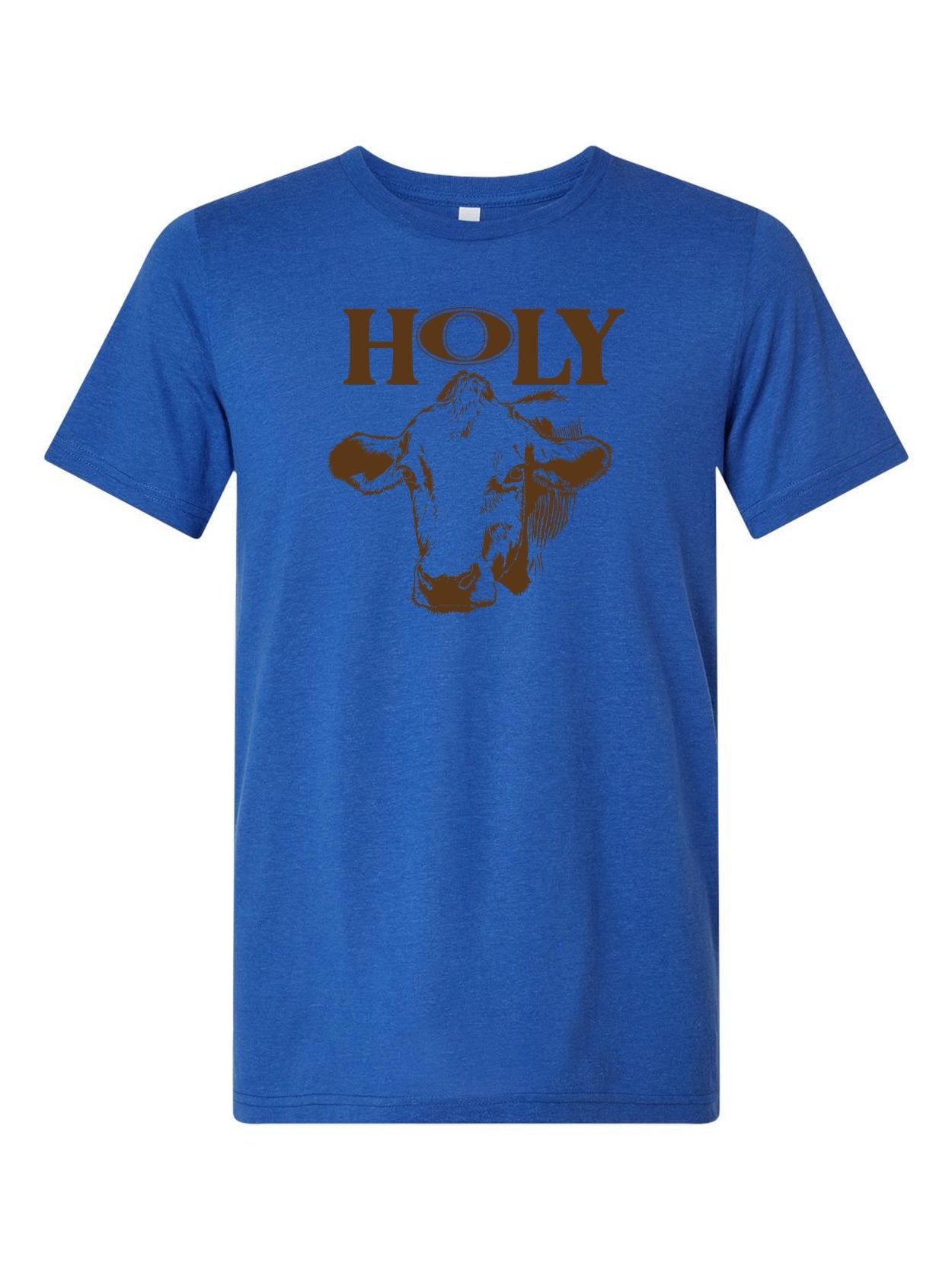 Holy Cow on a royal blue t-shirt