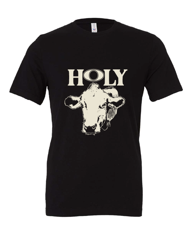 Holy Cow design on a black t-shirt