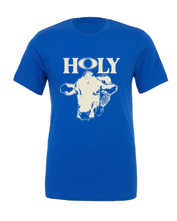 Holy Cow design on a blue t-shirt