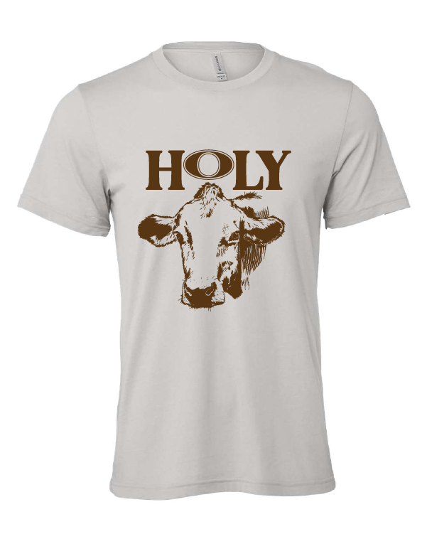 Holy Cow design on a gray t-shirt