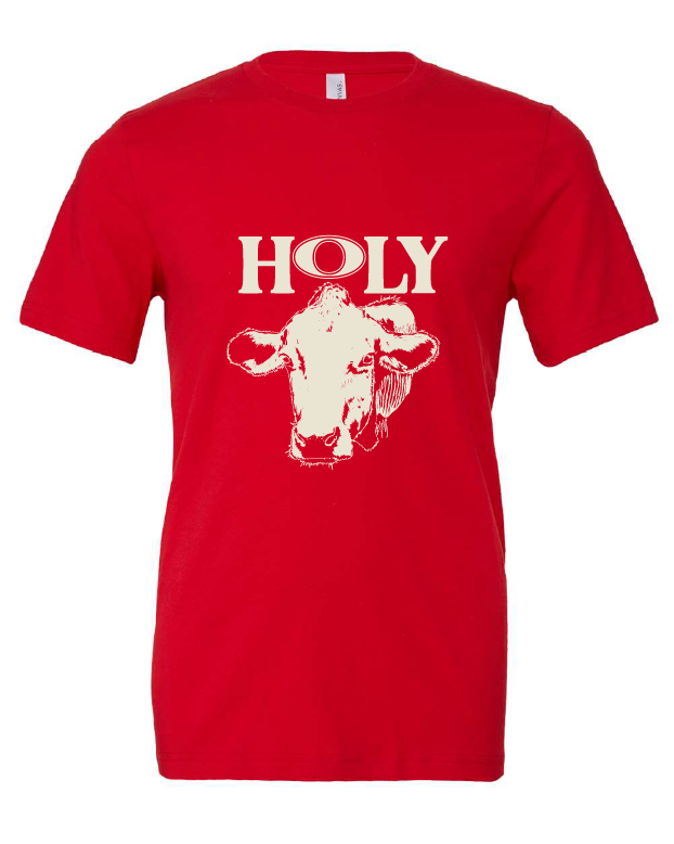 Holy Cow design on a red t-shirt
