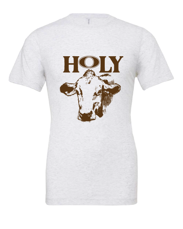 Holy Cow design on a white t-shirt