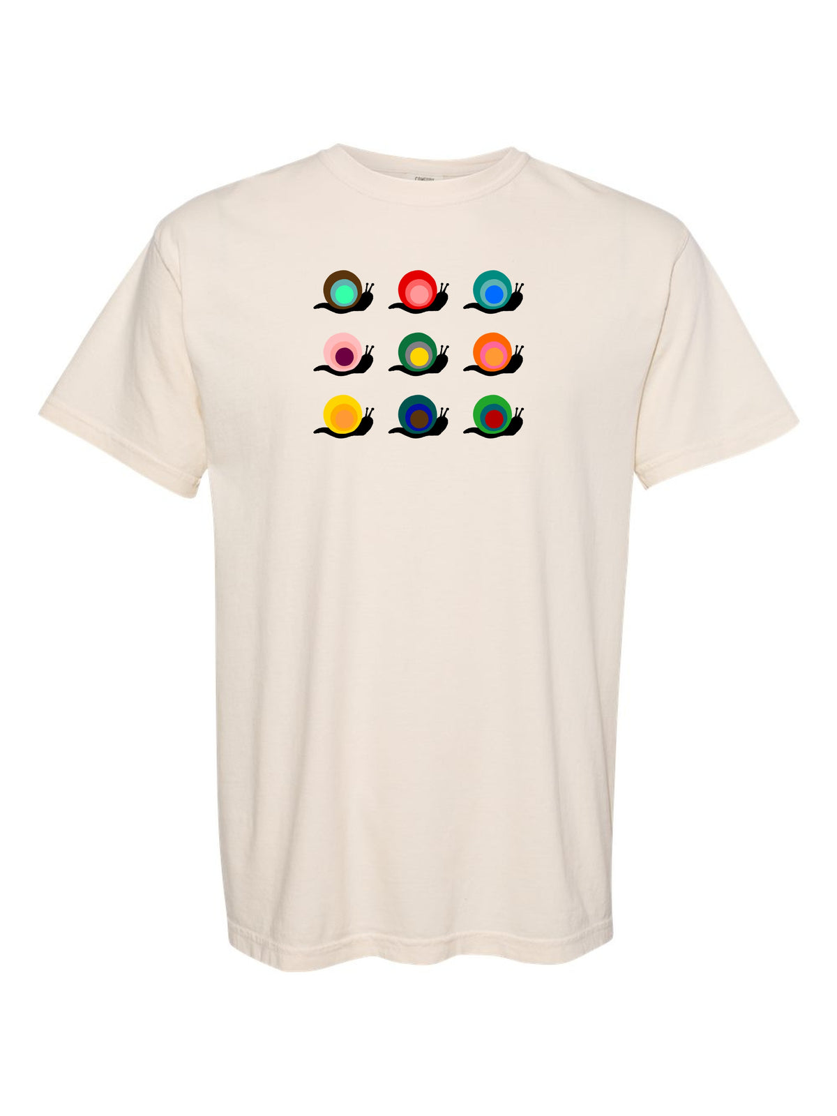Homage to the Snail by Claire Wakefield, front, on an ivory Comfort Colors tee