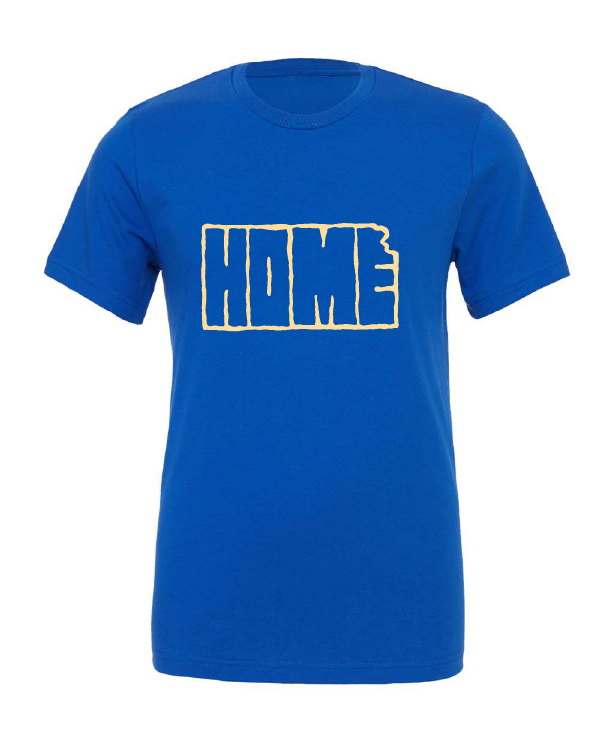 Home Kansas Outline design on a blue t-shirt