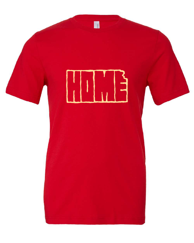 Home Kansas Outline design on a red t-shirt
