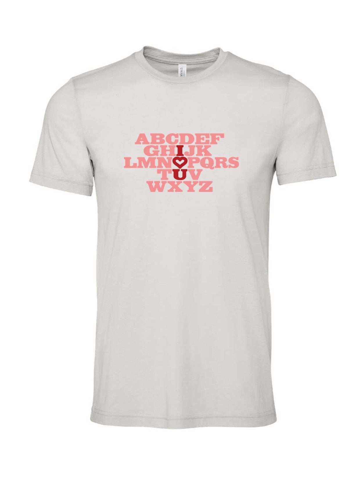 I <3 U on a cement gray t-shirt