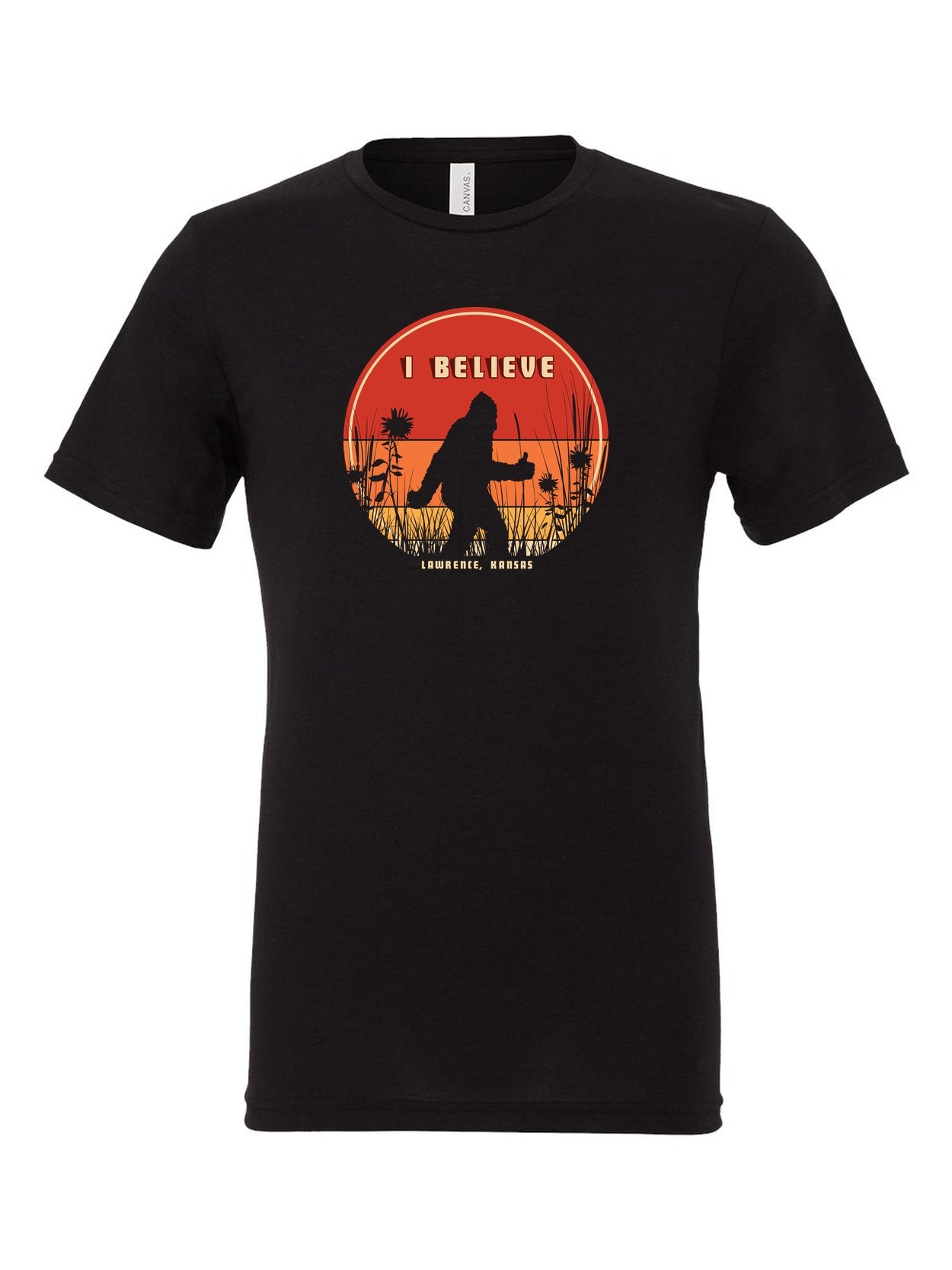 I Believe Bigfoot on a black t-shirt