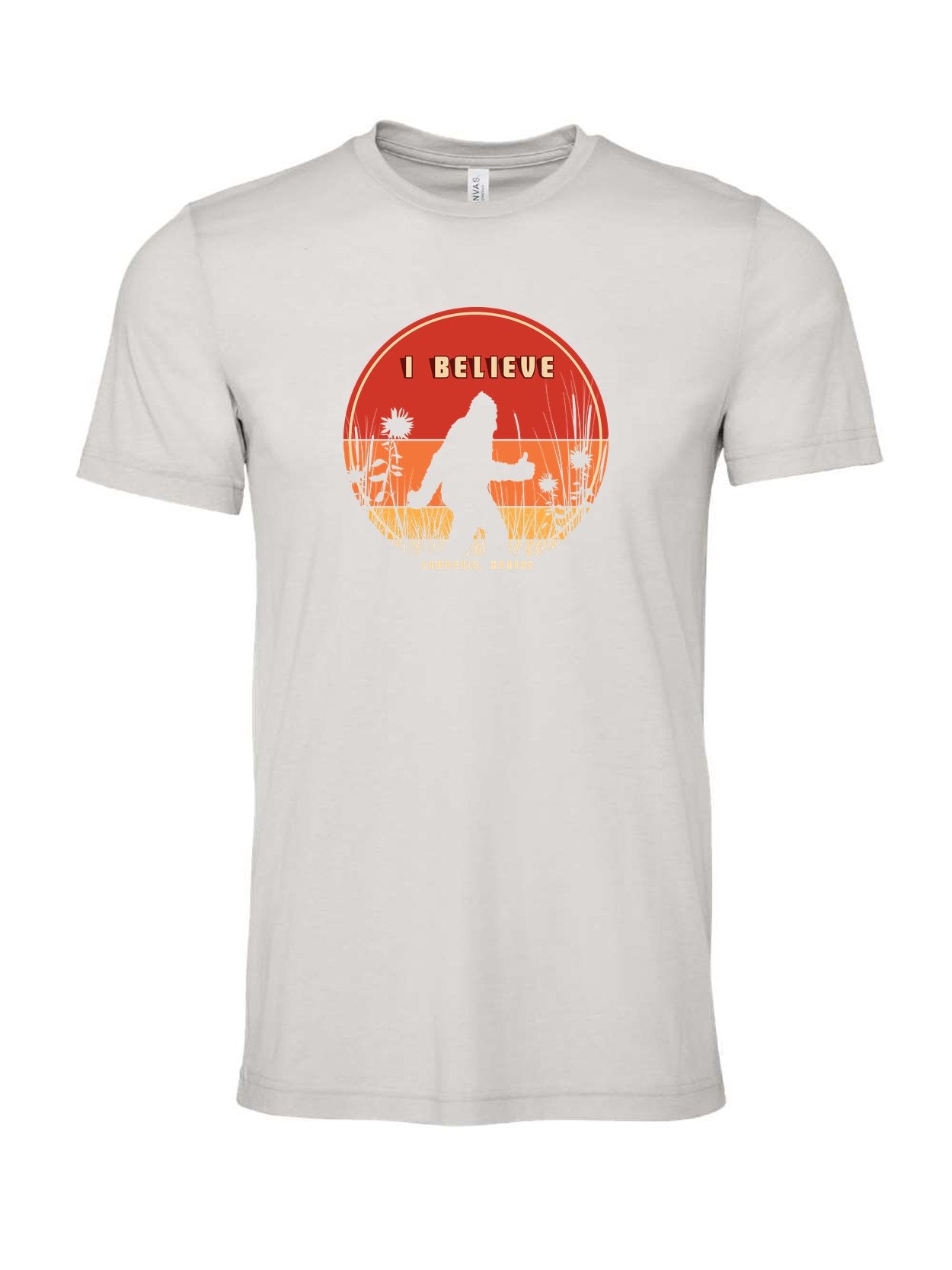 I Believe Bigfoot on a cement gray t-shirt