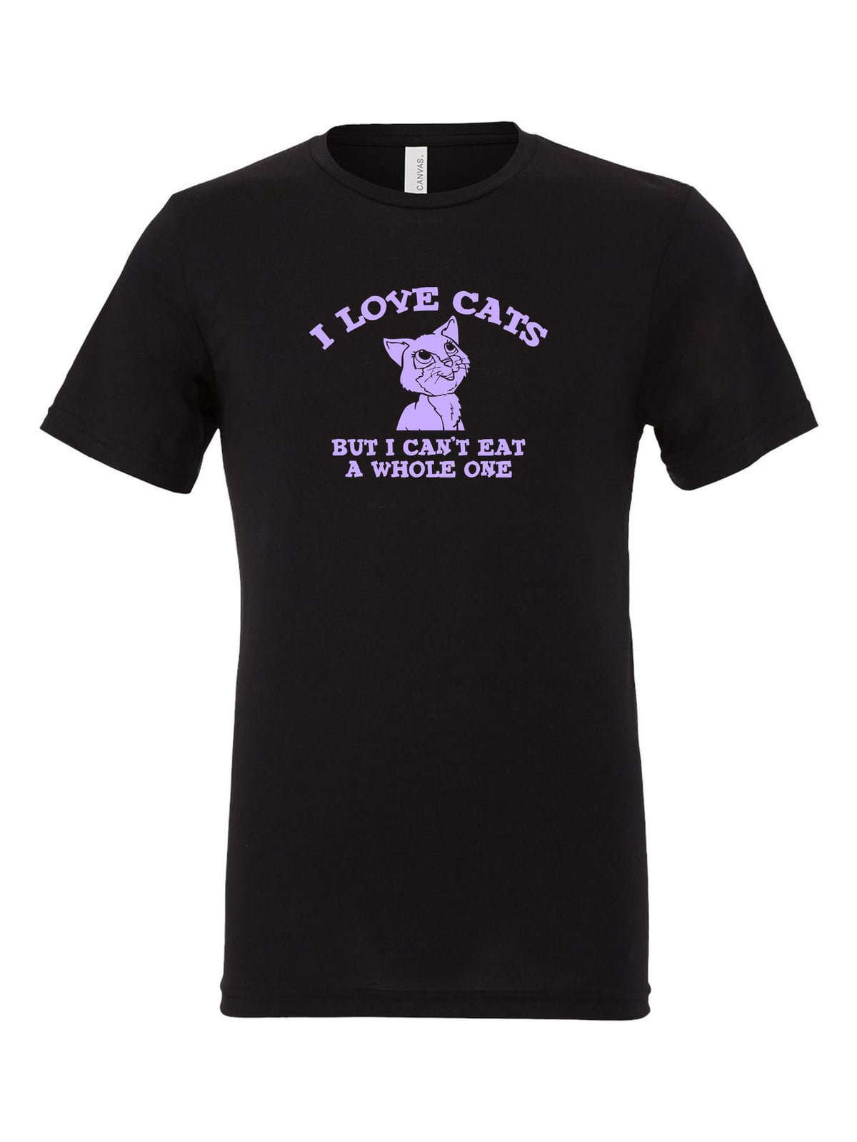 I Love Cats But I Can't Eat a Whole One on a black t-shirt