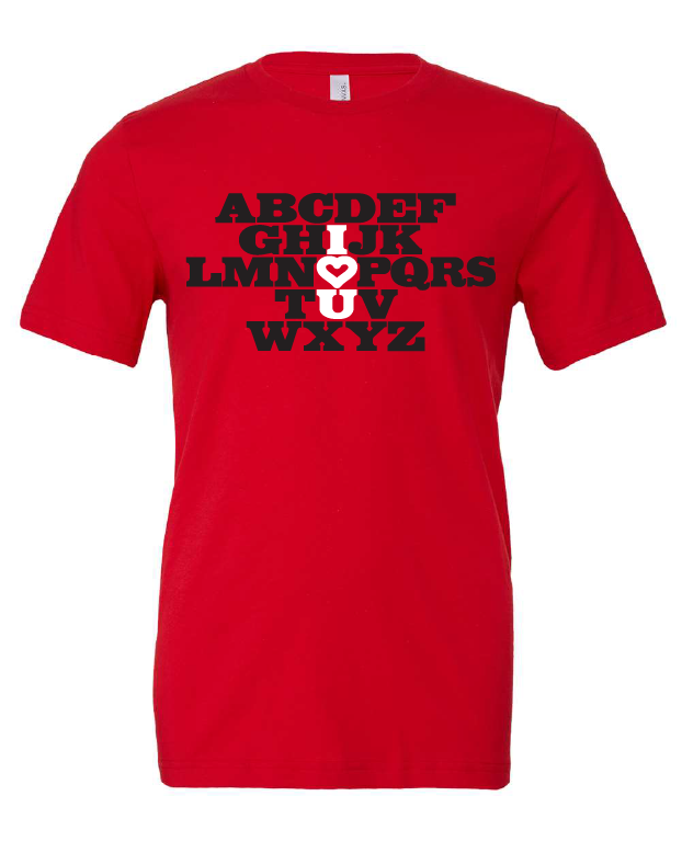 I Heart U design on a red t-shirt