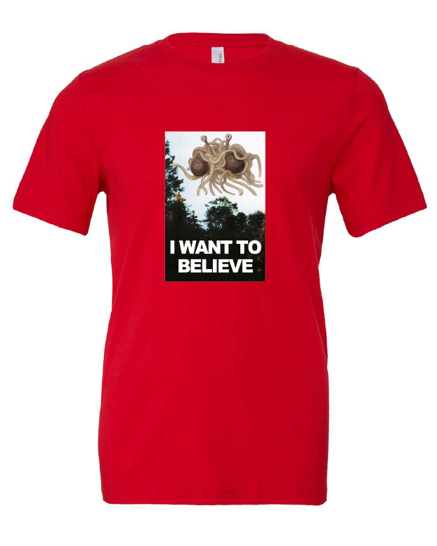 I Want To Believe design on a red t-shirt