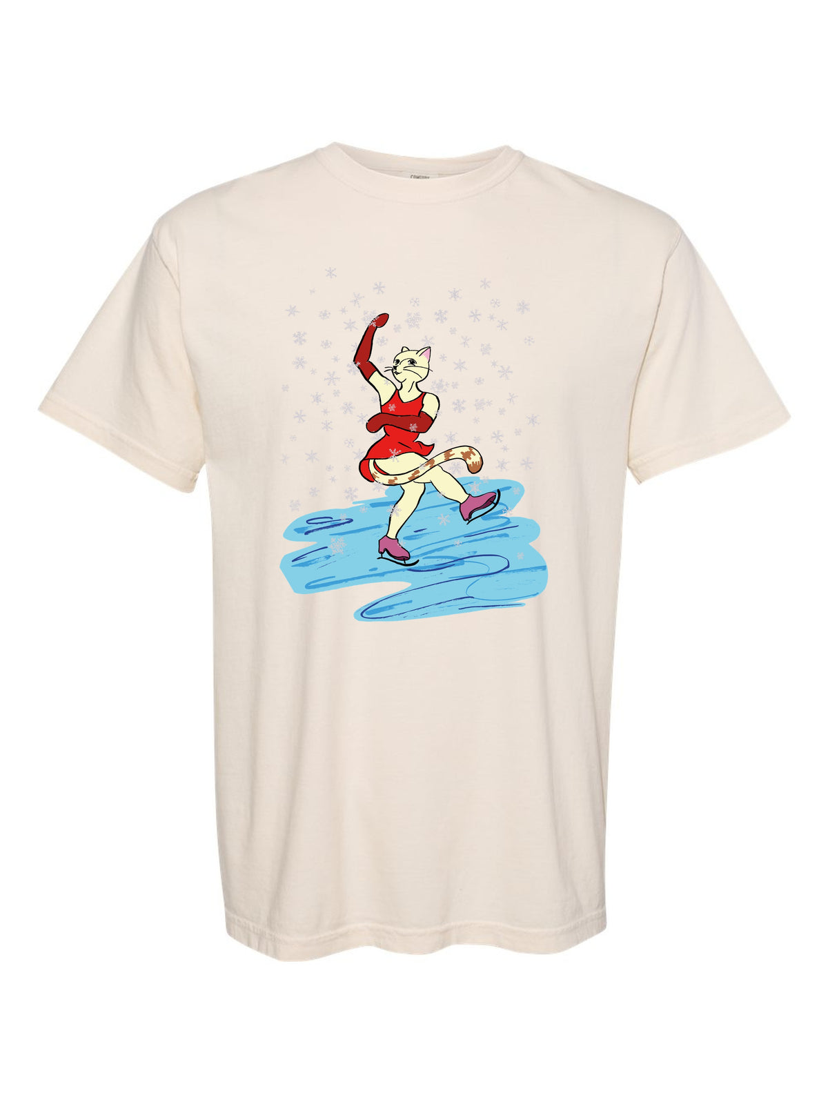 Ice Skating Cat by Claire Wakefield, printed on an ivory tee