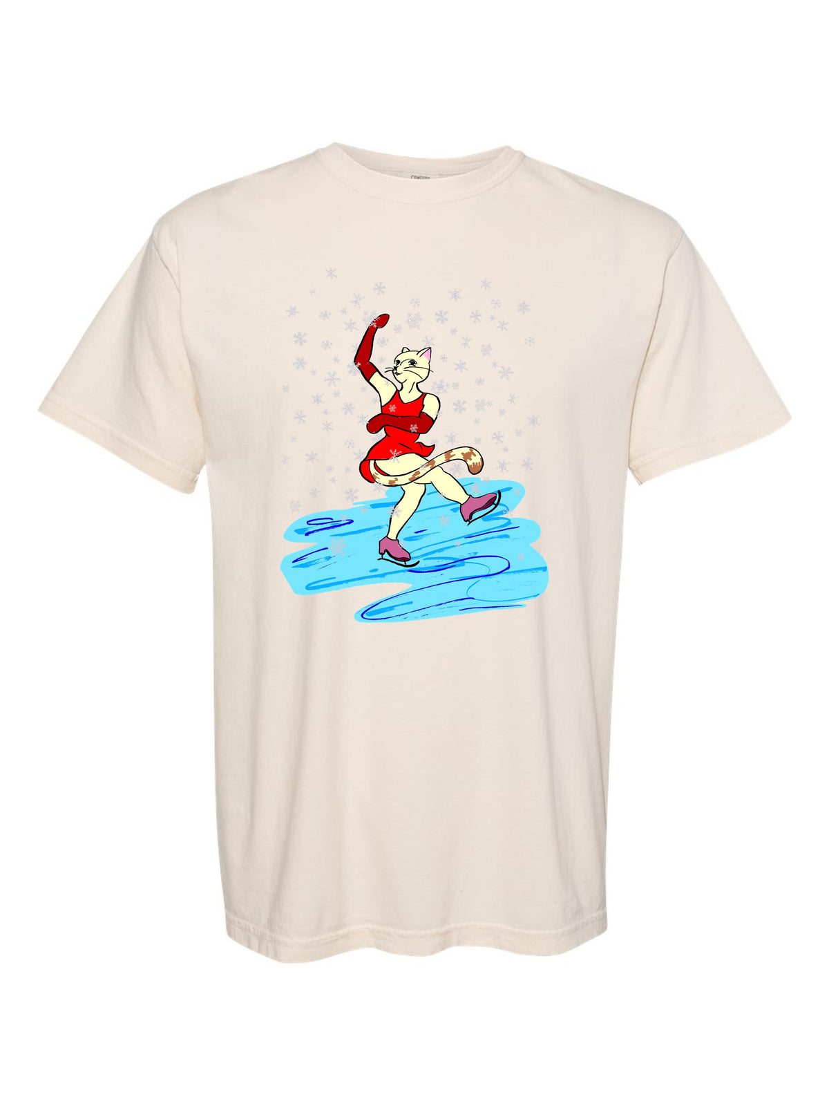 Ice Skating Cat by Claire Wakefield on an ivory Comfort Colors tee