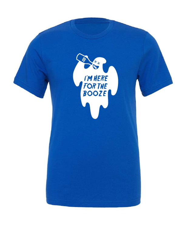 Here for the Booze design on a blue t-shirt