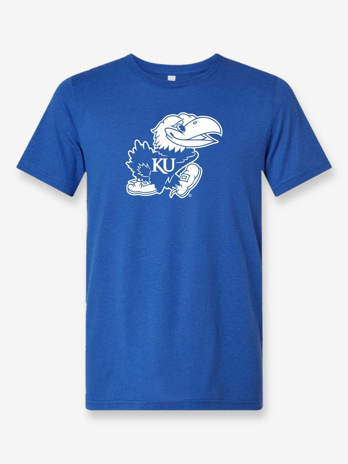 Jayhawk on a royal blue t-shirt