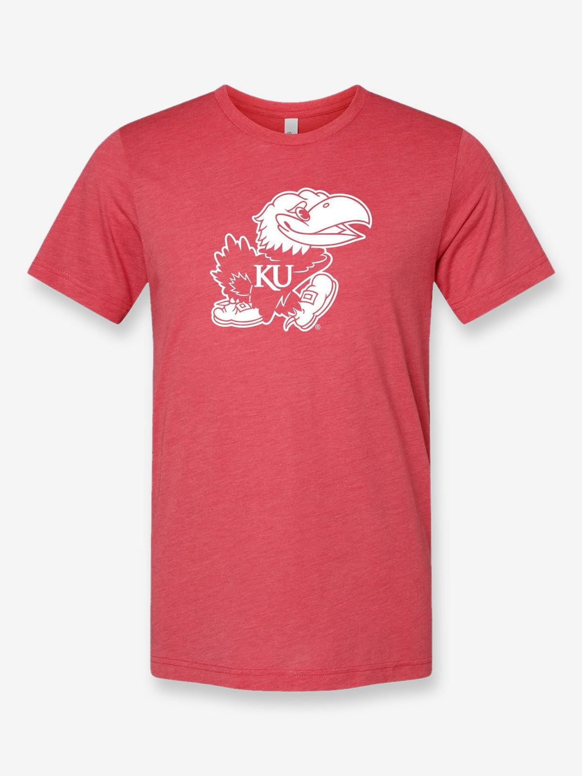 Jayhawk on a true red t-shirt