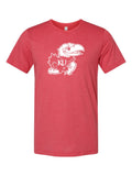 Jayhawk on a true red t-shirt