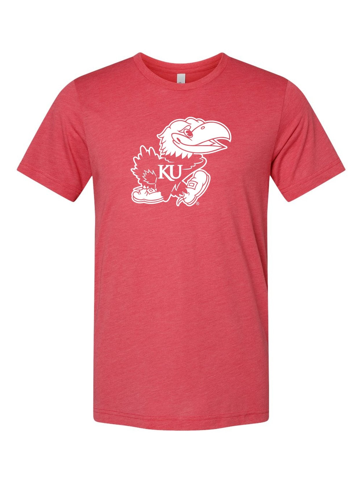 Jayhawk on a true red t-shirt
