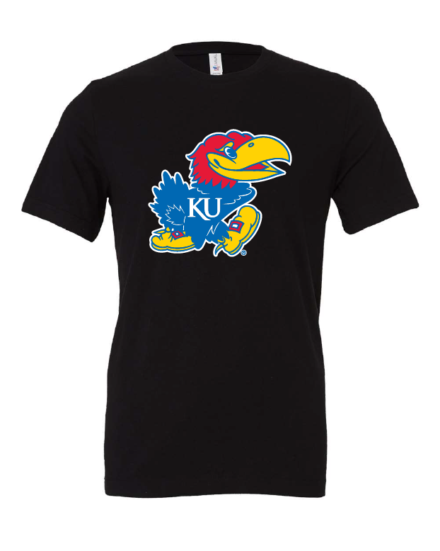 Jayhawk design on a black t-shirt