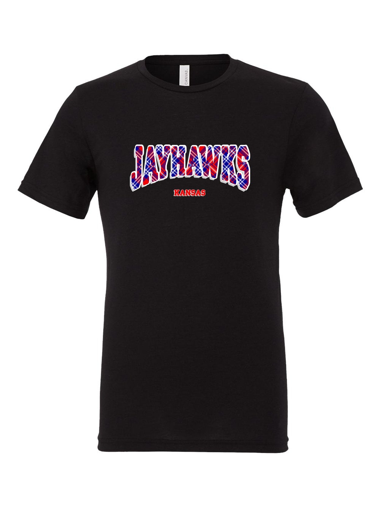 Jayhawks Plaid on a black t-shirt