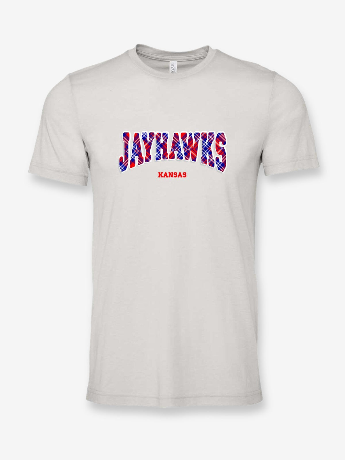 Jayhawks Plaid on a cement gray t-shirt