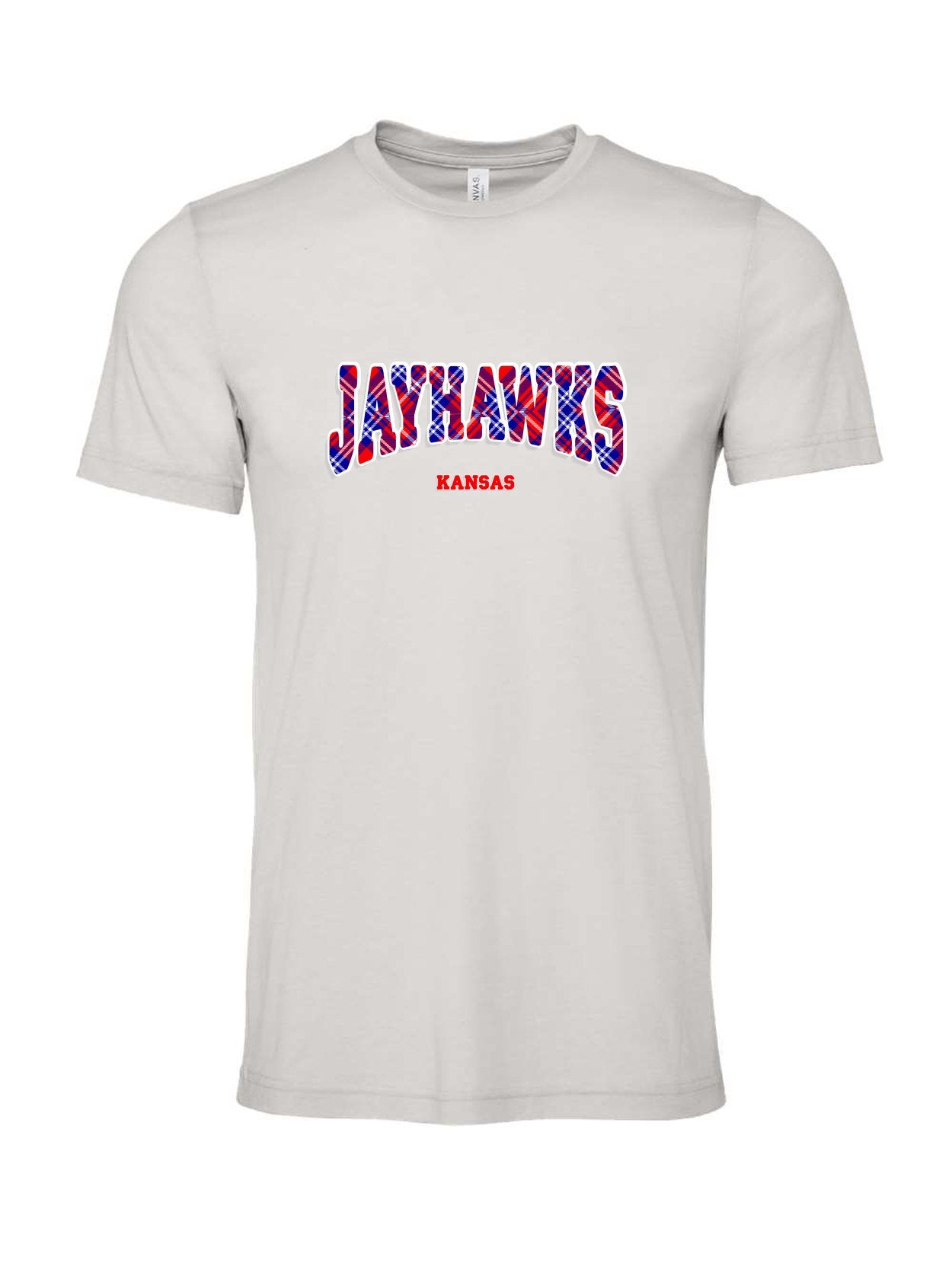 Jayhawks Plaid on a cement gray t-shirt