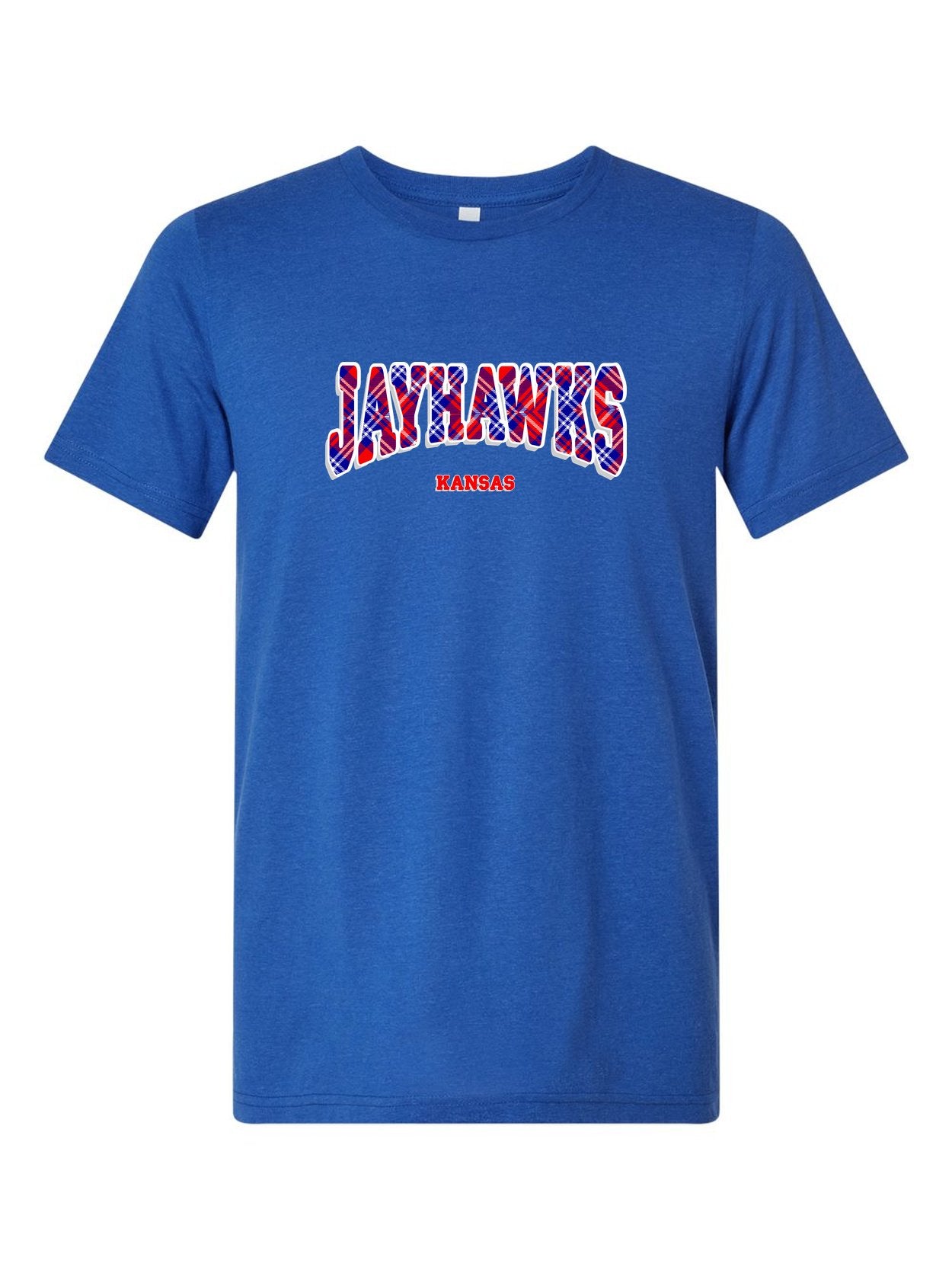 Jayhawks Plaid on a royal blue t-shirt