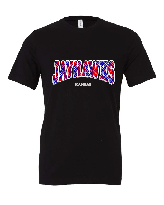 Jayhawks Plaid design on a black t-shirt