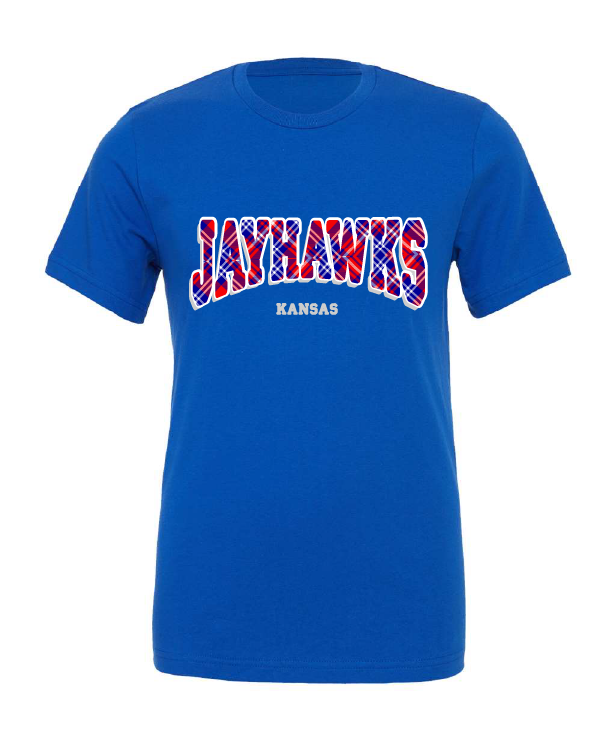 Jayhawks Plaid design on a blue t-shirt