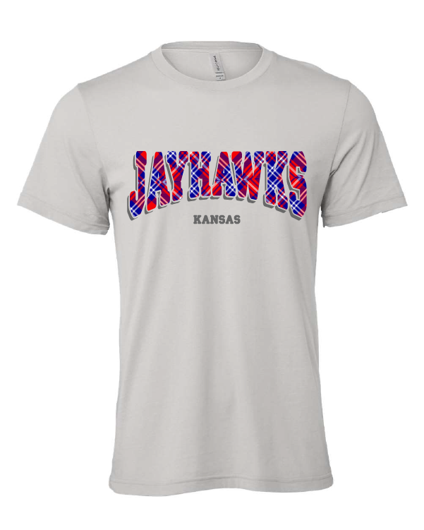 Jayhawks Plaid design on a gray t-shirt