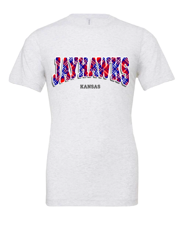 Jayhawks Plaid design on a white t-shirt