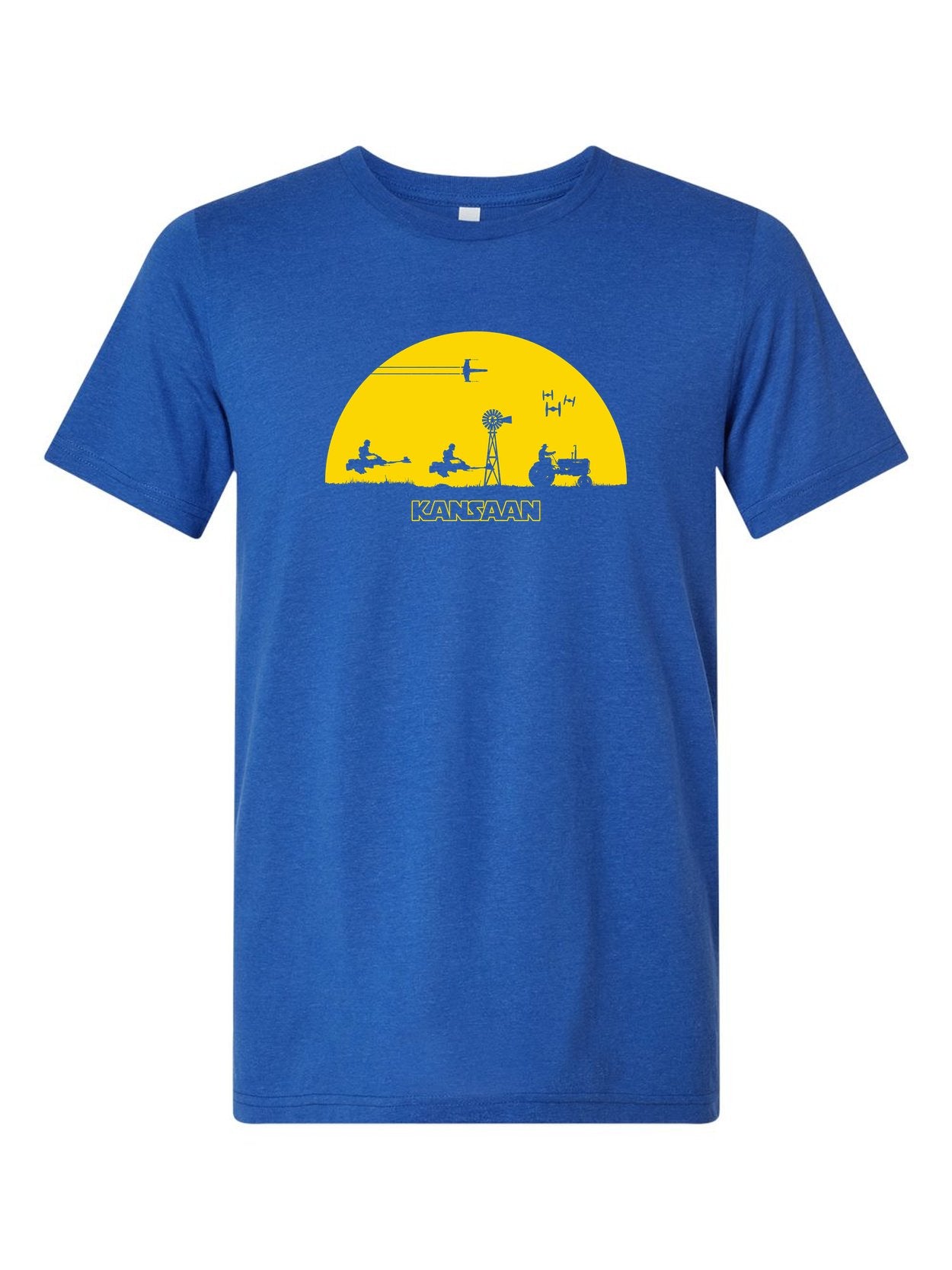 Kansan Star Wars Sunset on a royal blue t-shirt