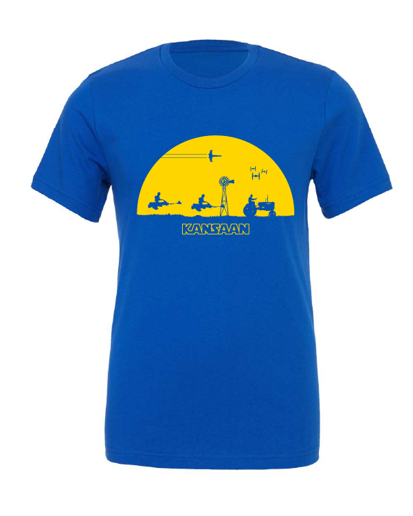 Kansan Star Wars Sunset design on a blue t-shirt