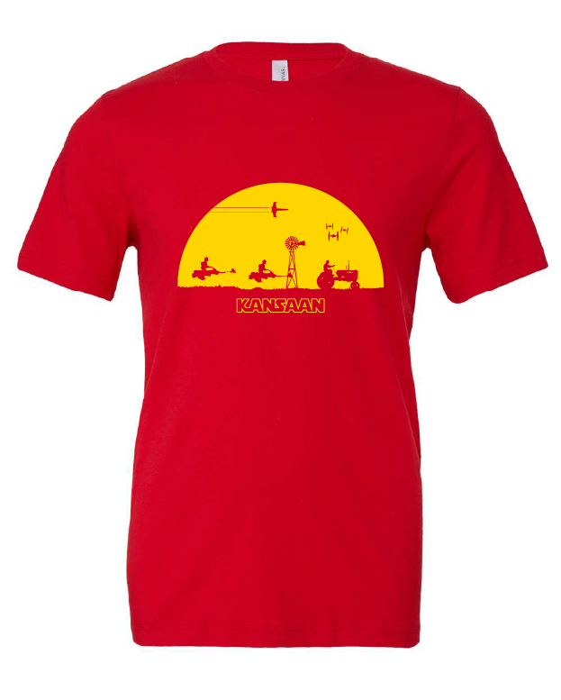 Kansan Star Wars Sunset design on a red t-shirt