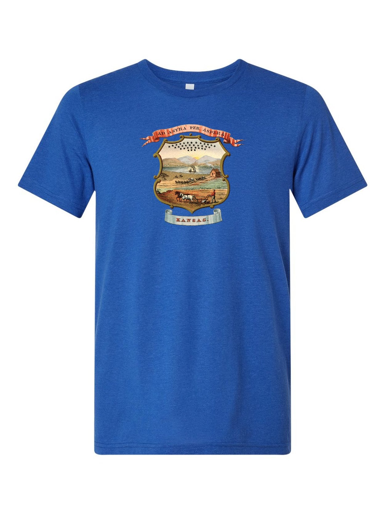 Kansas Coat of Arms on a royal blue t-shirt