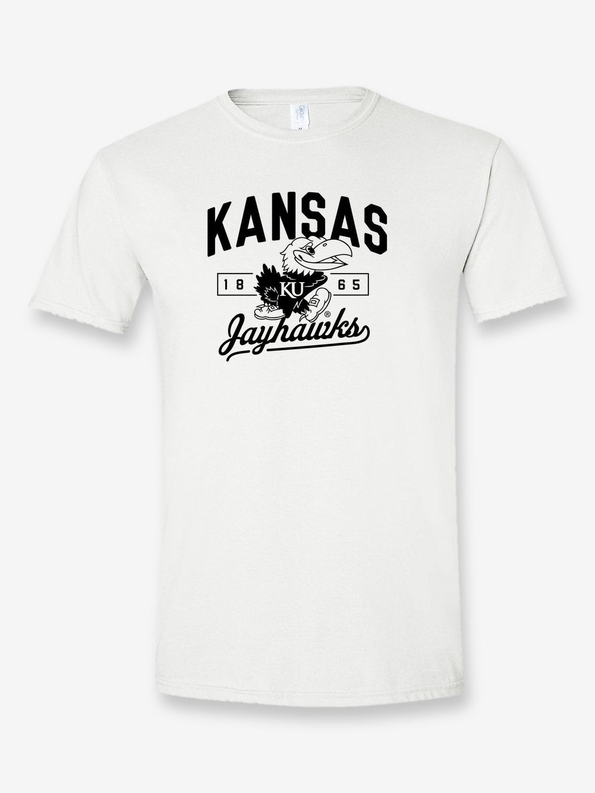 Kansas Jayhawks 1865 Black and White on a white t-shirt