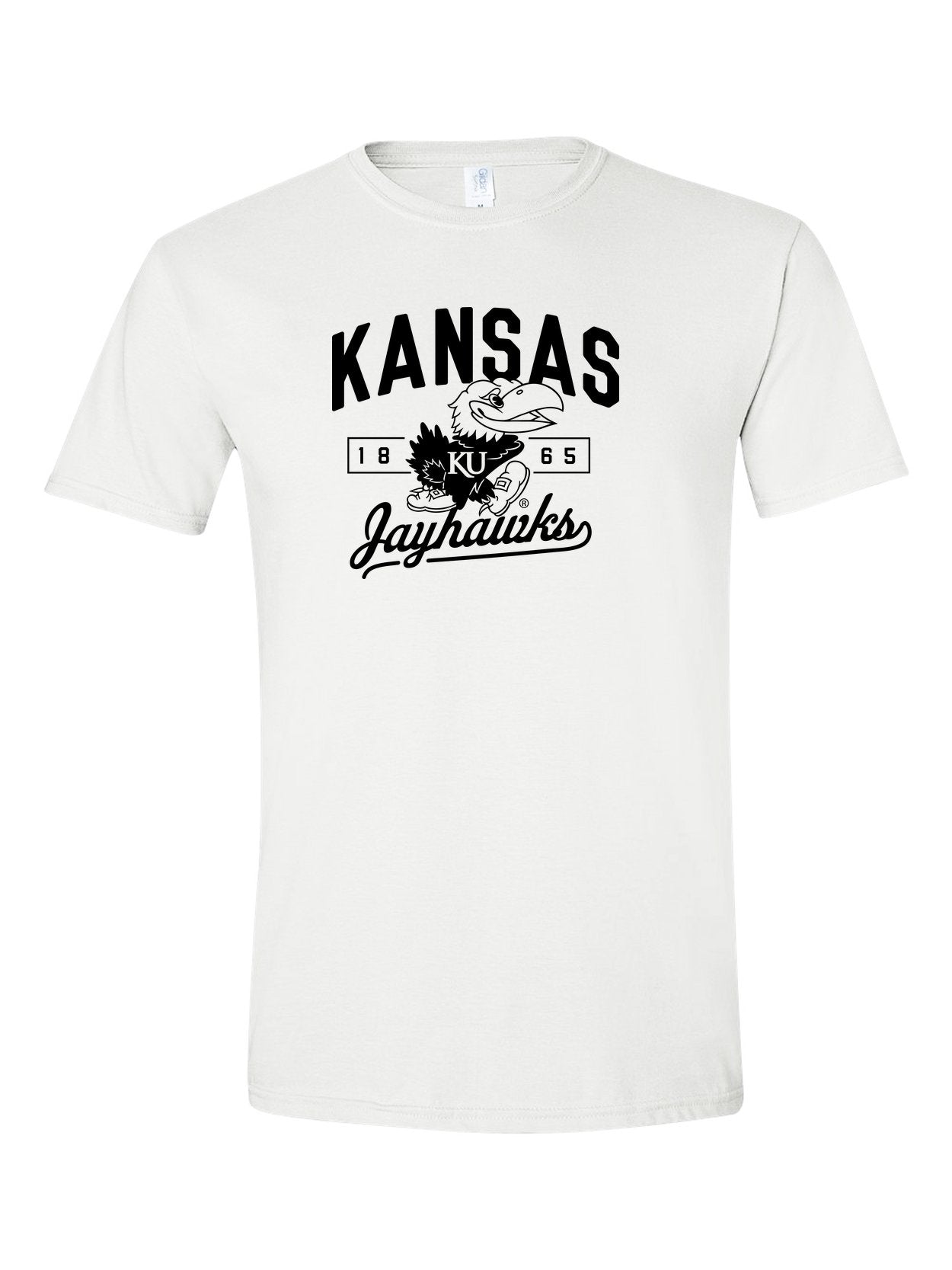 Kansas Jayhawks 1865 Black and White on a white t-shirt