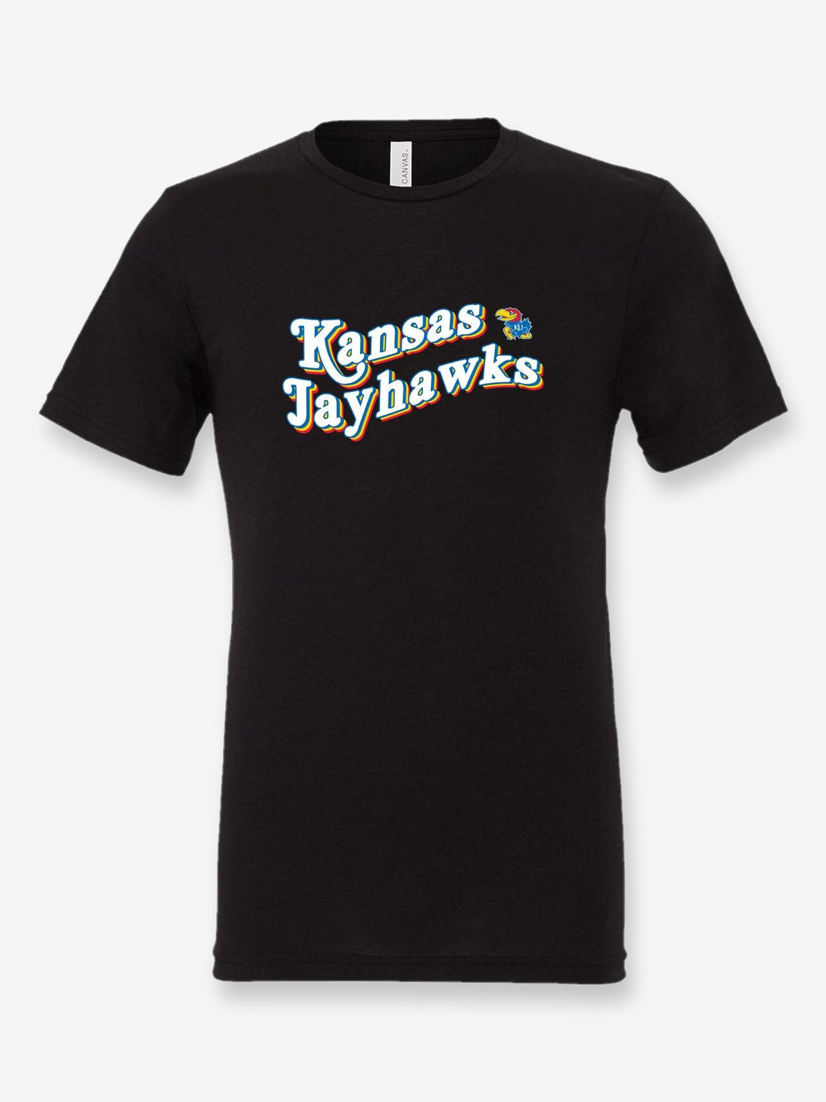 Kansas Jayhawks Retro on a black t-shirt