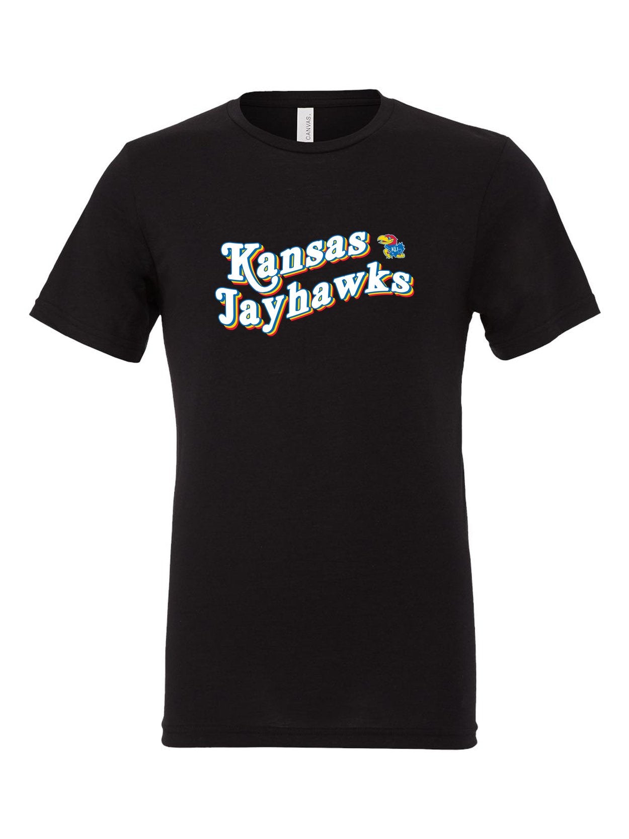 Kansas Jayhawks Retro on a black t-shirt