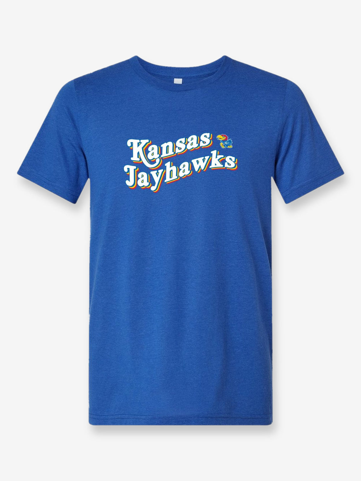 Kansas Jayhawks Retro on a royal blue t-shirt