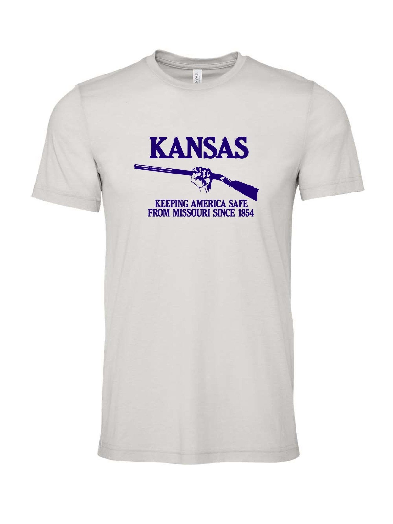 Kansas, Keeping America Safe from Missouri Since 1854 on a cement gray t-shirt
