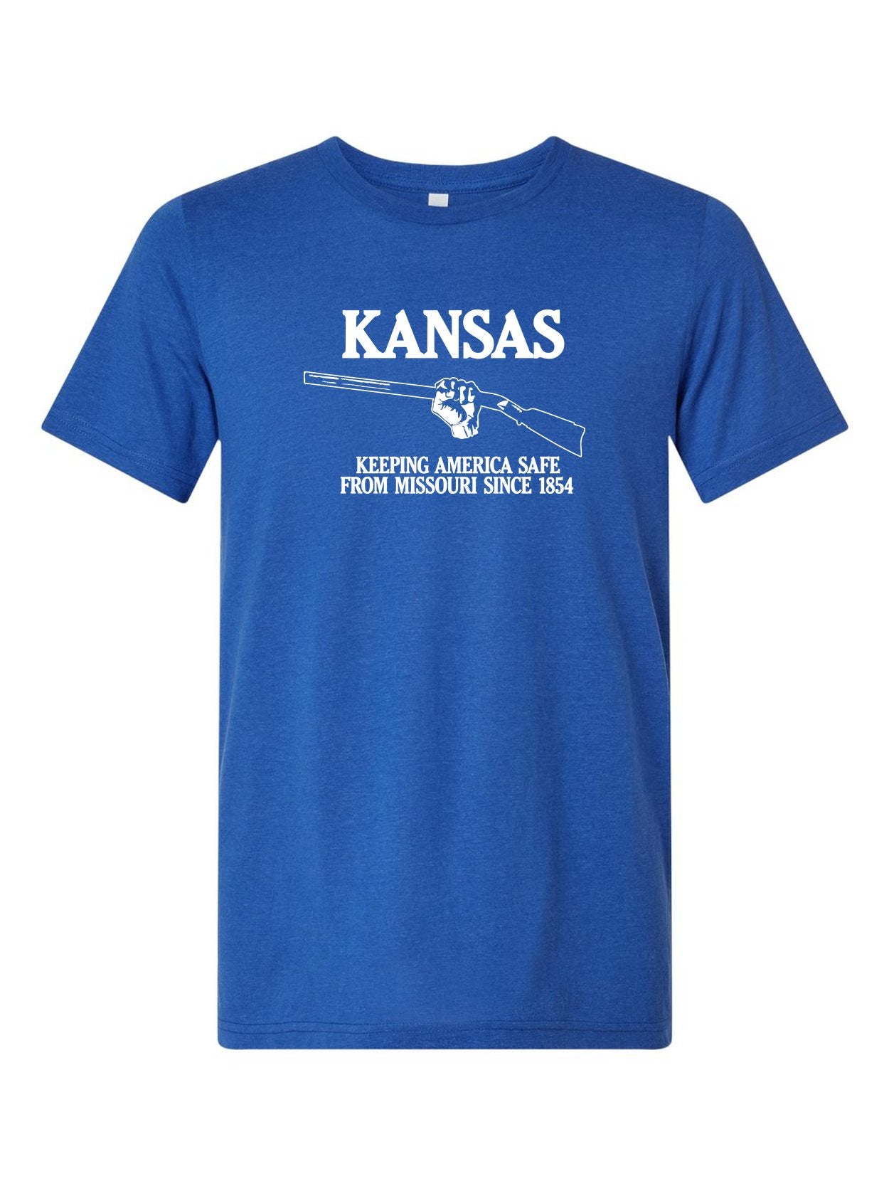 Kansas, Keeping America Safe from Missouri Since 1854 on a royal blue t-shirt