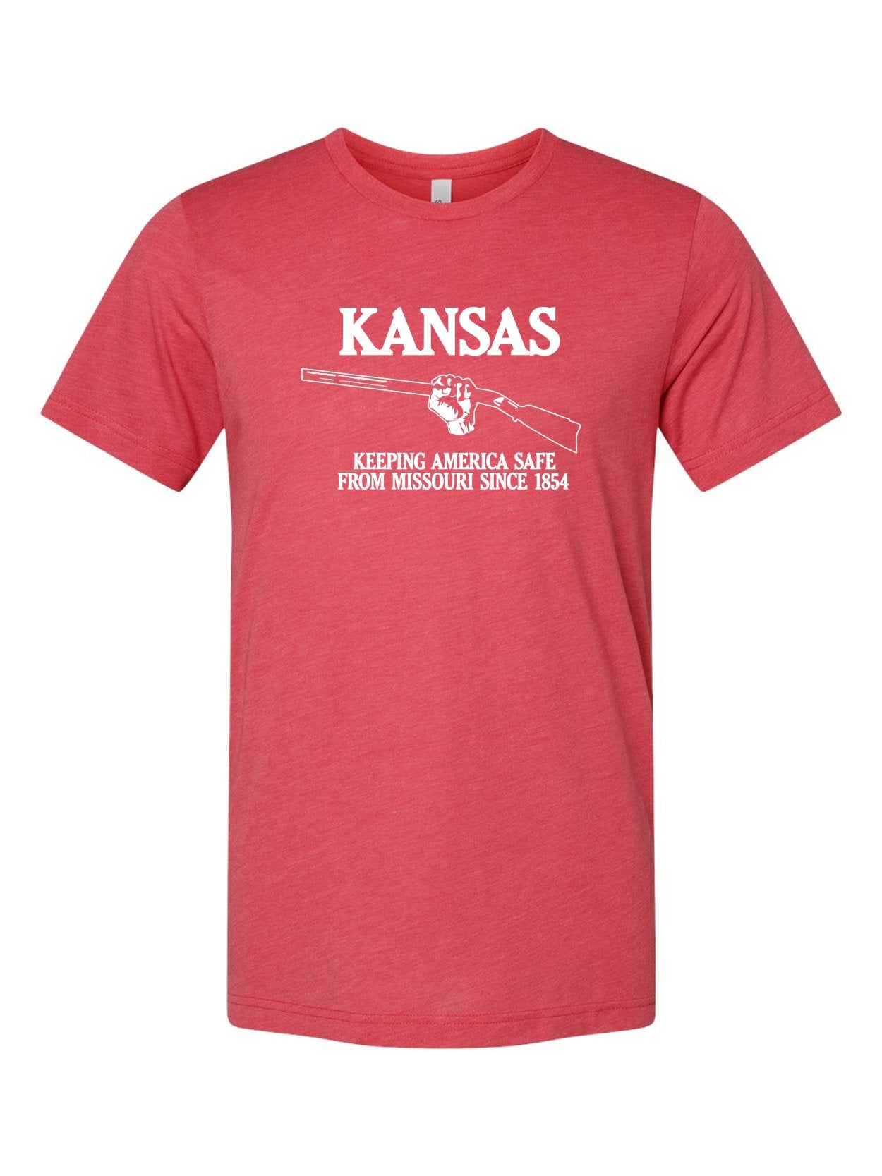Kansas, Keeping America Safe from Missouri Since 1854 on a true red t-shirt