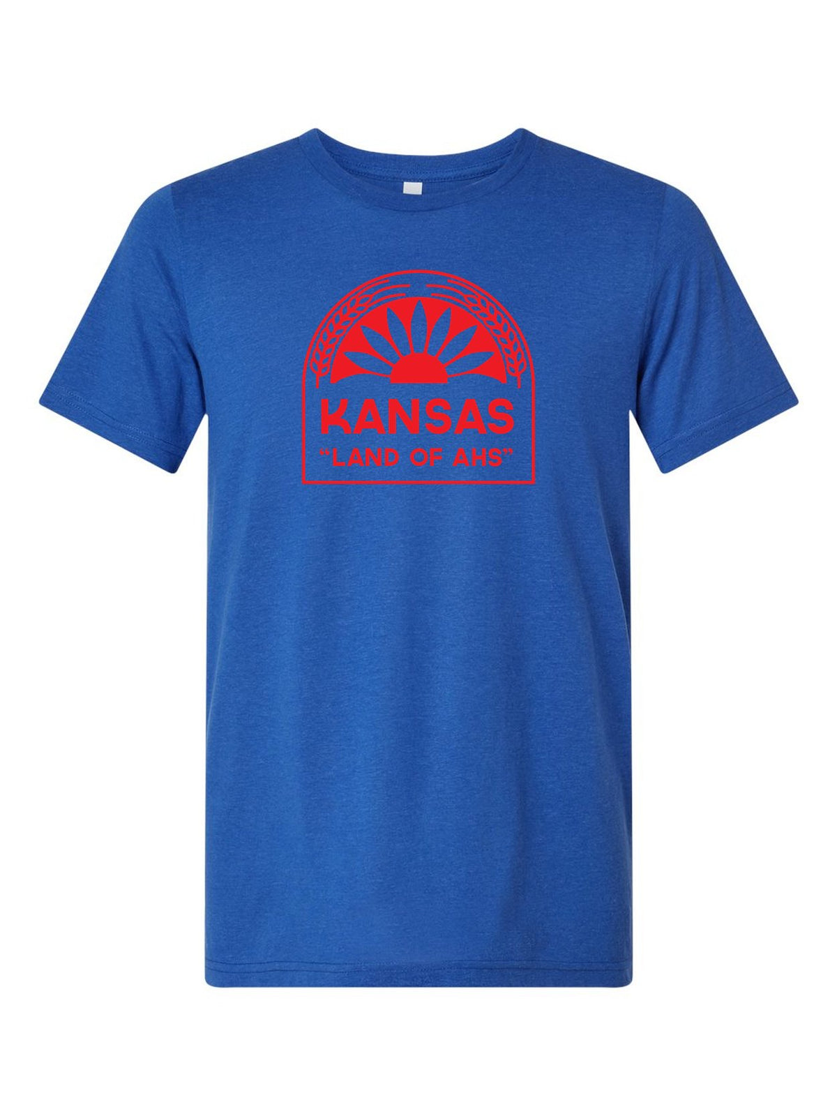 Kansas "Land of Ahs" on a royal blue t-shirt