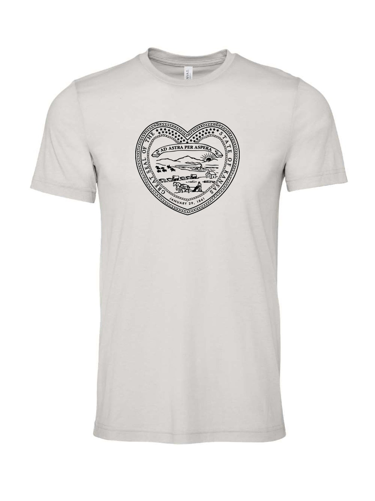 Kansas State Seal Heart on a cement gray t-shirt