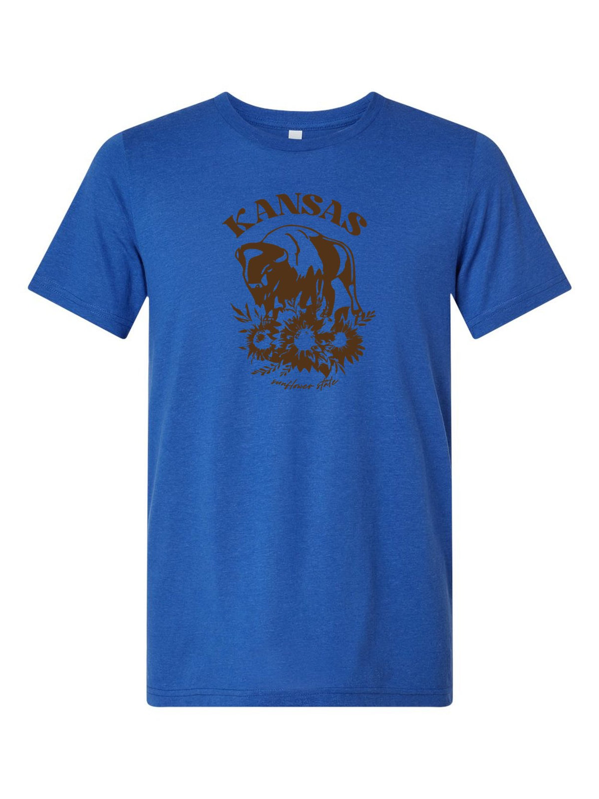 Kansas Sunflower State Bison on a royal blue t-shirt