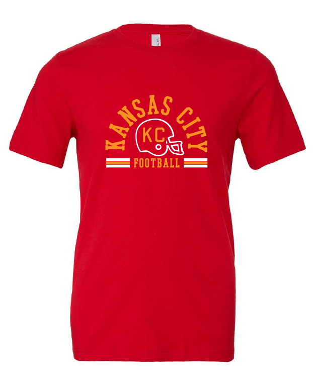 Kansas City Football Arched design on a red t-shirt