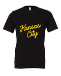 Kansas City Script design on a black t-shirt
